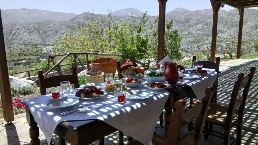 Terrace dining area with mountain views